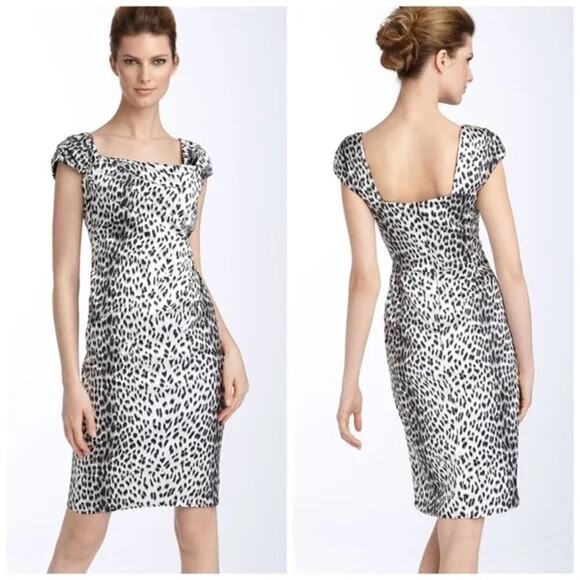TADASHI SHOJI White Leopard Animal Print Sheath Dress Size 4 Satin Cocktail - Picture 1 of 7